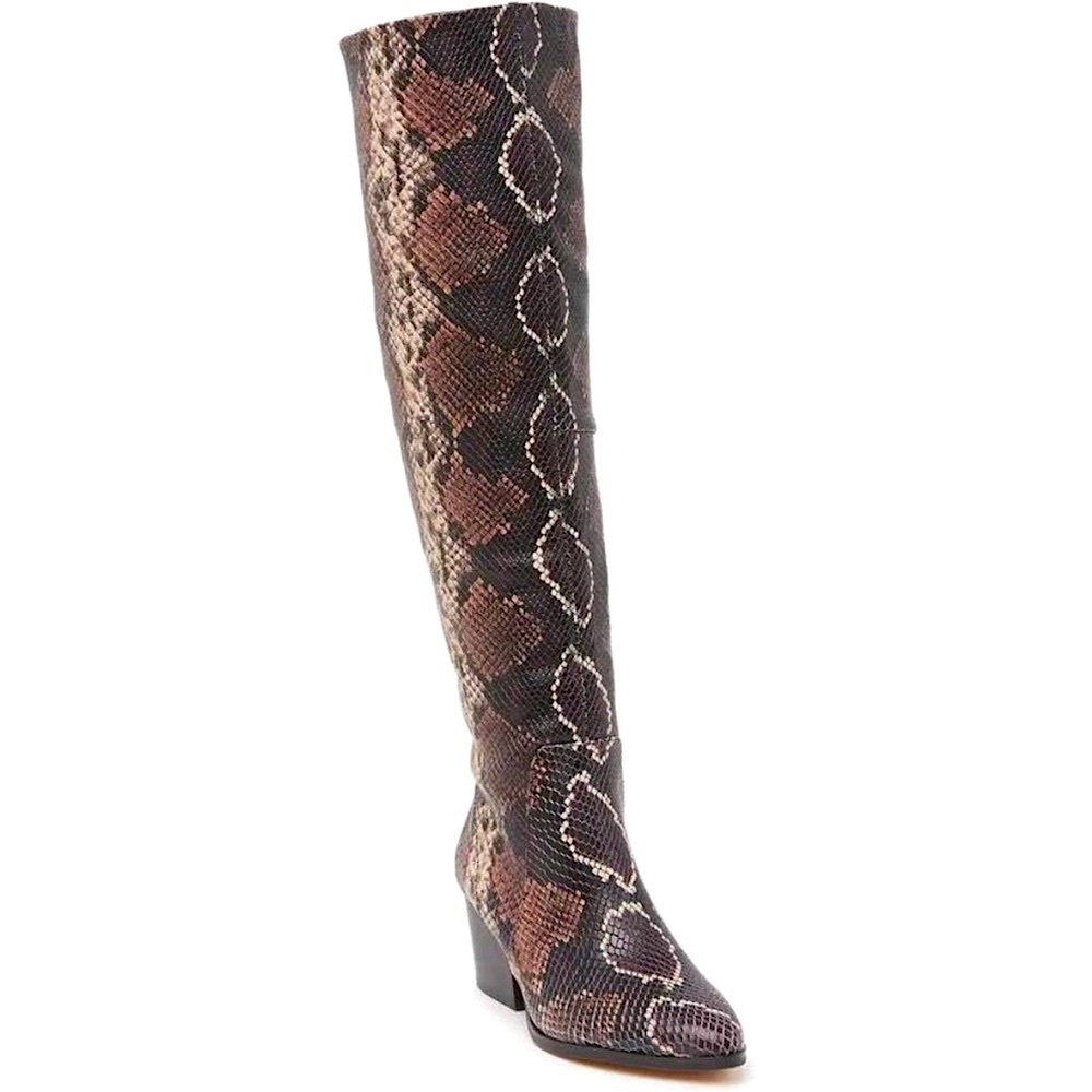 Vince Camuto Pointed Toe Nestel Knee High Heeled Snakeskin Leather Boots
